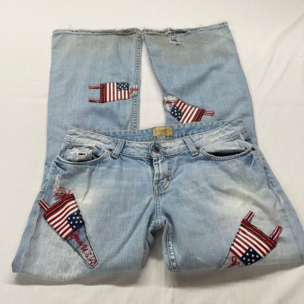 BKE Light Blue Boyfriend Jeans with American Flag Patchwork